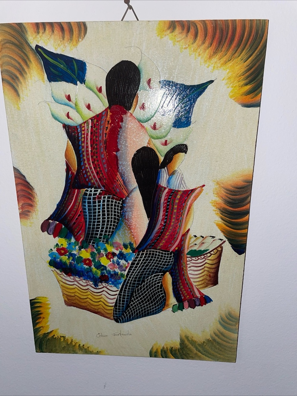 Oil on board-Guatemala vintage folkart- women selling Calla Lillies-signed